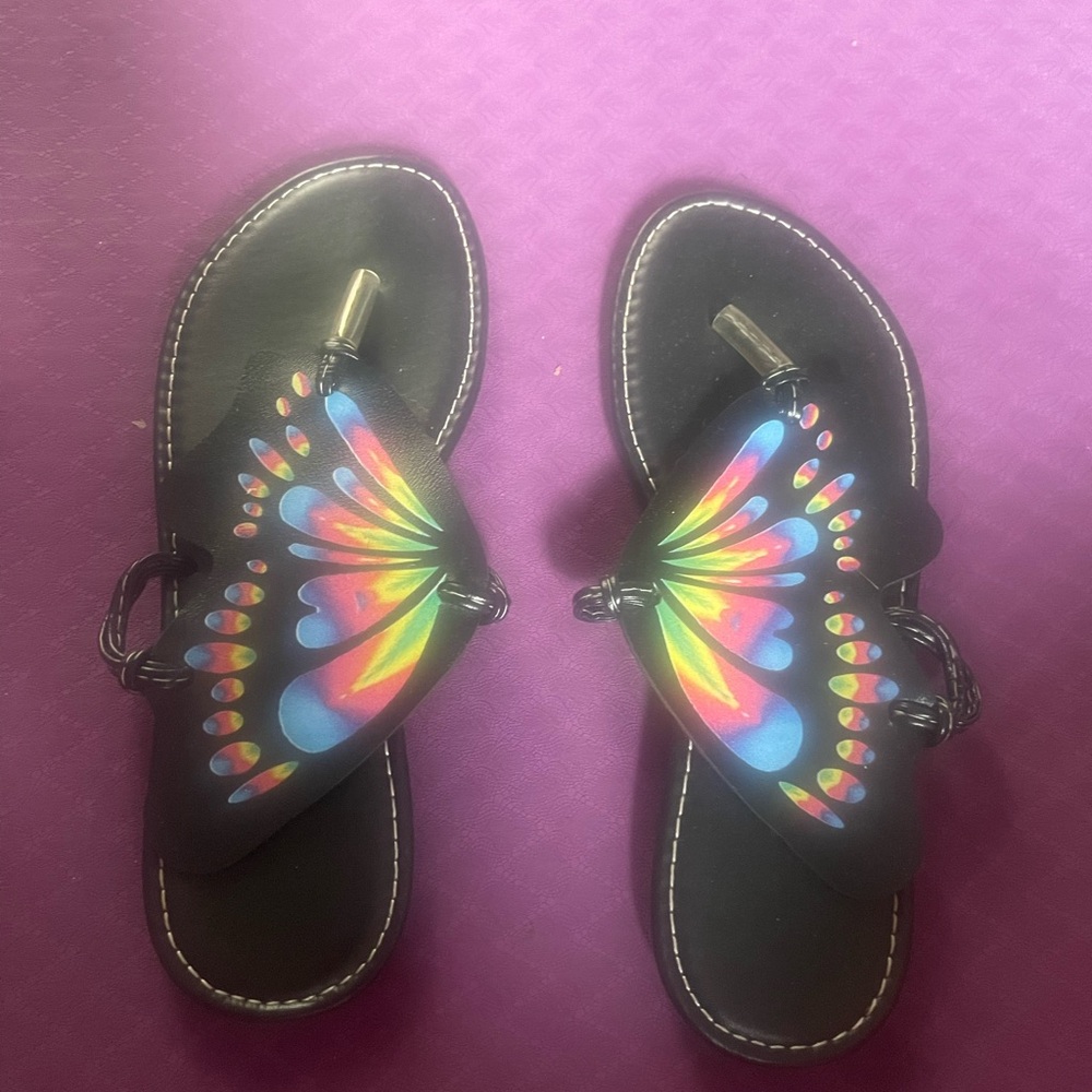 Black Butterfly-Print Thong Sandals - Rainbow Accent
